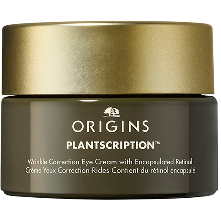 Origins Plantscription Wrinkle Correction Eye Cream inkapslad retinol ögonkräm i mörkgrön glasburk med guldfärgat lock.