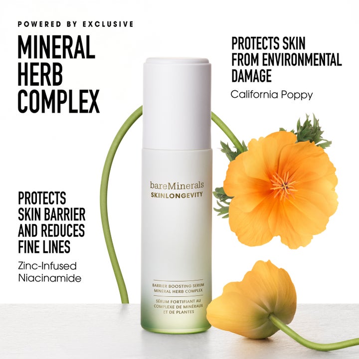 bareMinerals Skinlongevity Barrier Boosting Serum 30 ml stärker hudbarriären i vit flaska bredvid en gul vallmo.