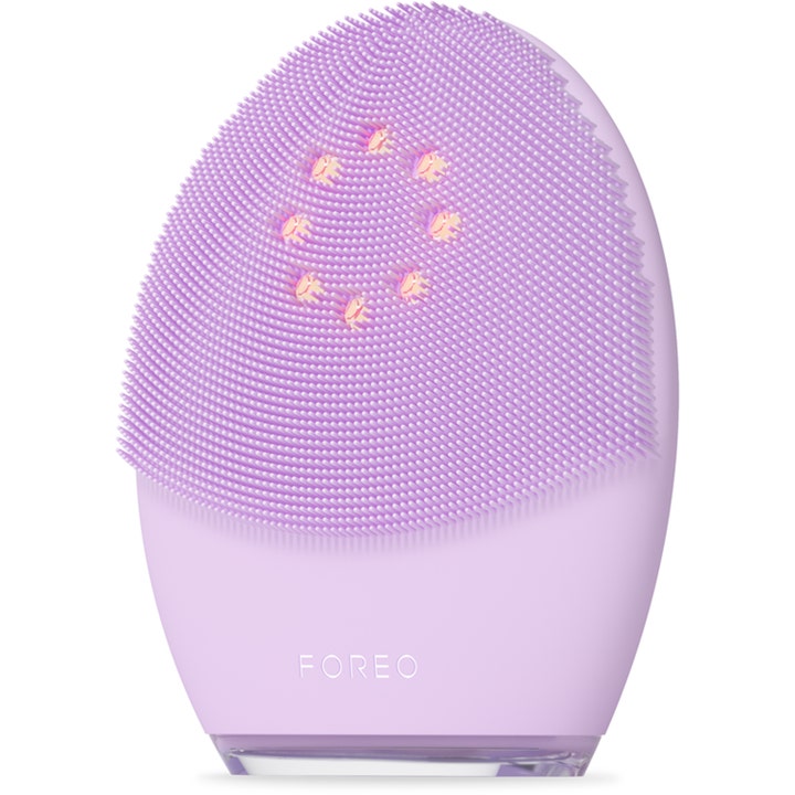 FOREO LUNA 4 plus 1 st ansiktsrengöring elektrisk borste i lila silikon med ljusterapi via rött LED-ljus