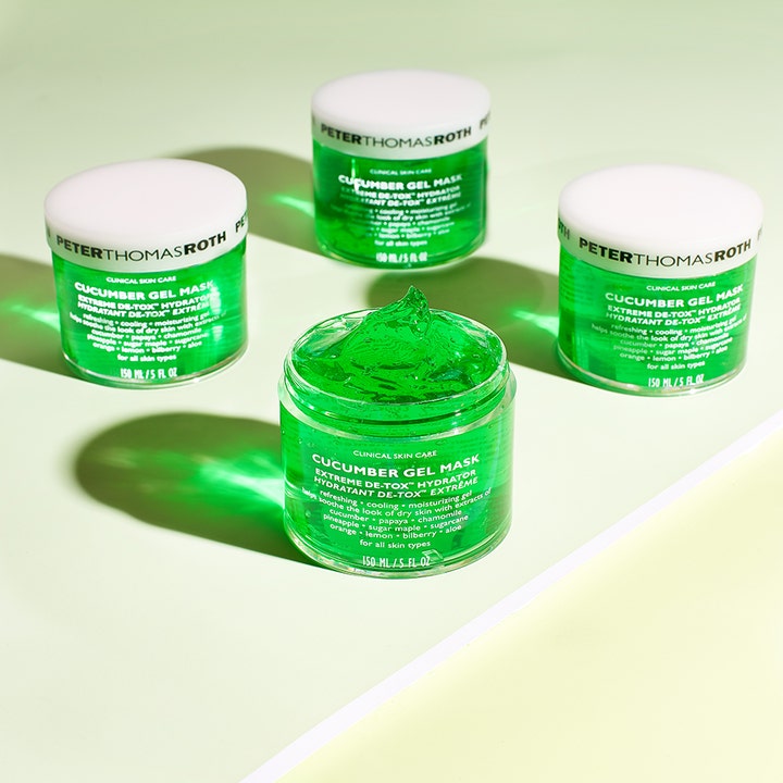 Peter Thomas Roth Cucumber De-Tox Gel Mask 150 ml kylande ansiktsmask i gröna burkar med synlig geltextur.