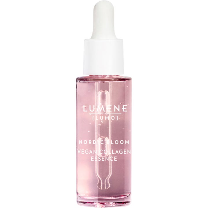 Lumene Nordic Bloom Vegan Collagen Essence 30ml veganskt ansiktsserum för antik åldrande i rosa glasflaska med vit pipett