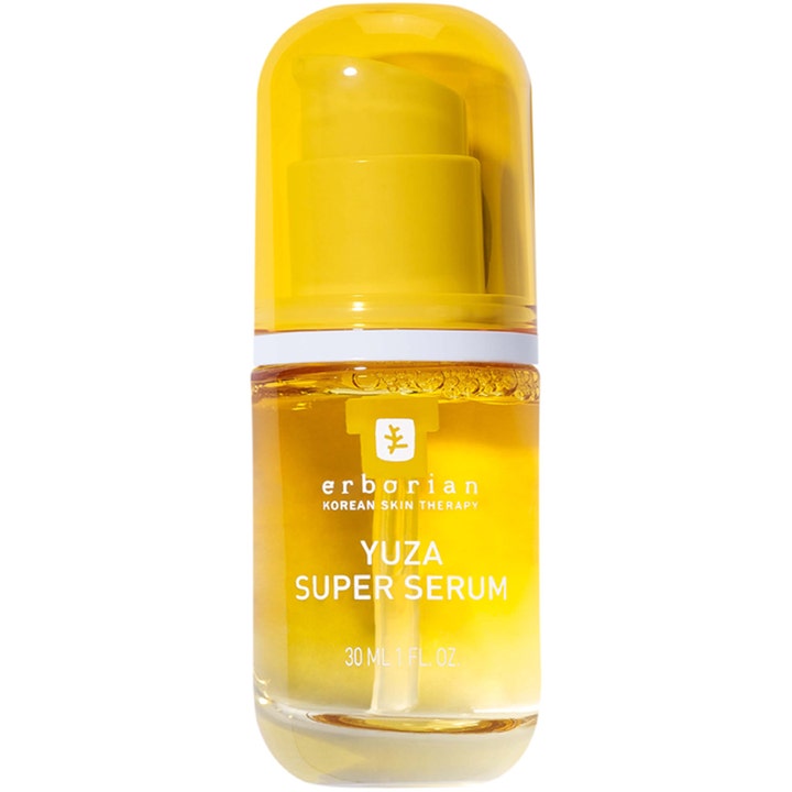 Erborian Yuza Super Serum 30 ml lystergivande vitamin c serum i glasflaska med gul pump och gult lock.