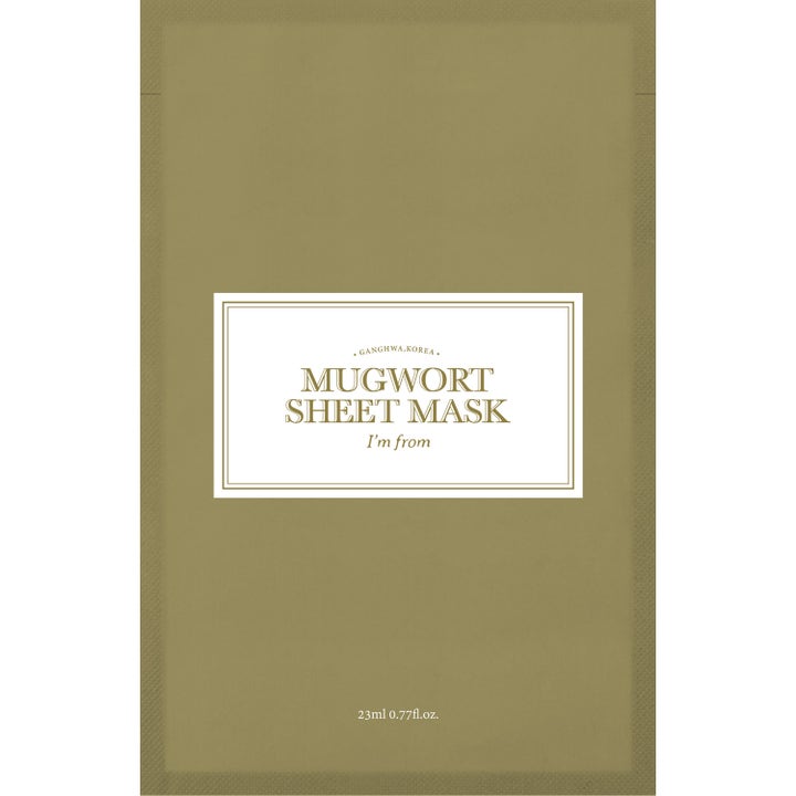 I'm from Mugwort Sheet Mask 23ml lugnande ansiktsmask i mossgrön rektangulär förpackning med vit etikett