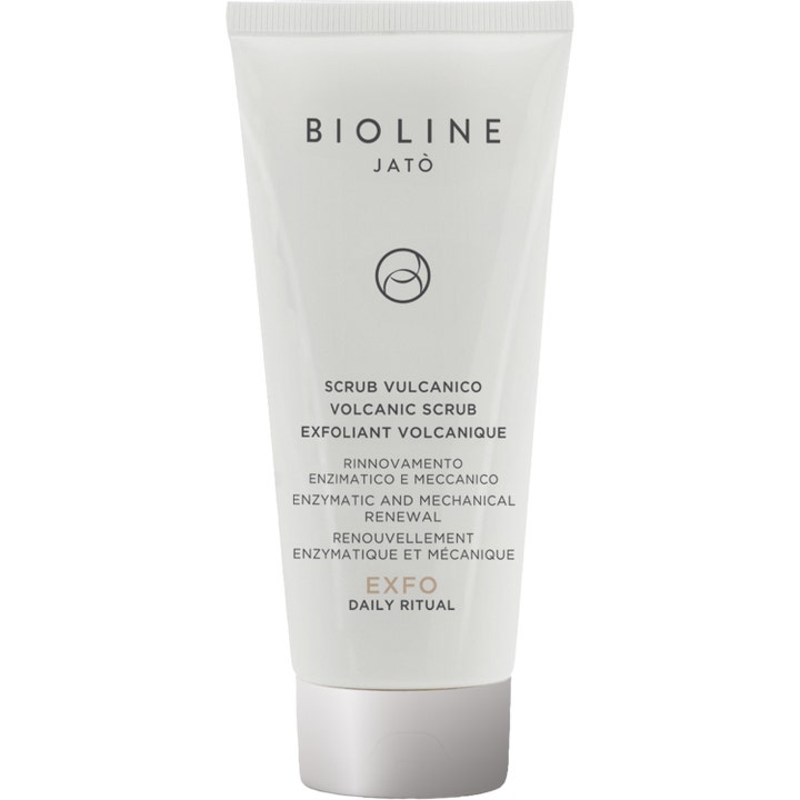 Bioline Jatò Volcanic Scrub vulkanisk skrubb ansiktspeeling för alla hudtyper i vit tub med silverlock.