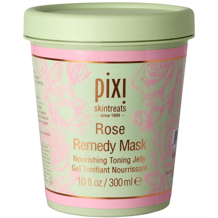 Pixi Rose Remedy Mask 300 ml närande ansiktsmask som ger lyster i en ljusgrön burk med rosa blommönster