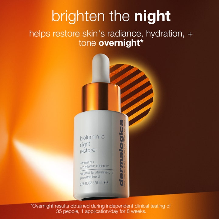 Dermalogica Biolumin-C Night Restore 25 ml nattserum med vitamin C ger lyster i vit flaska med kopparfärgad detalj.