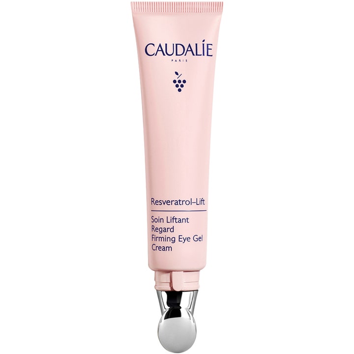 Caudalie Resveratrol-Lift 15 ml anti-age ögonkräm gel i ljusrosa tub med svalkande silverapplikator.