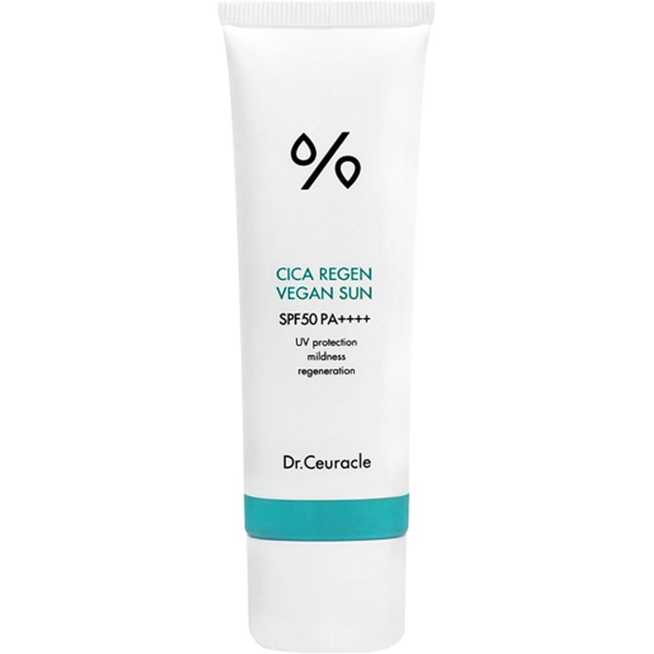 Dr. Ceuracle Cica Regen Vegan Sun cica solskydd ansikte spf 50 lugnande vegansk hudvård i vit tub med turkos detalj.