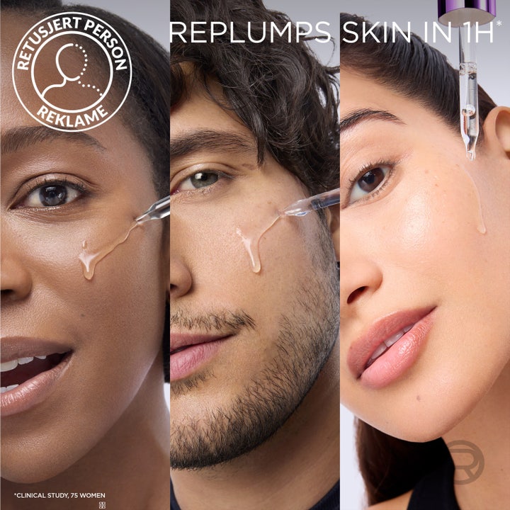 L'Oréal Paris Revitalift Filler Hyaluronic Serum 30 ml ger fyllighet och visas applicerat med pipett på tre personer.