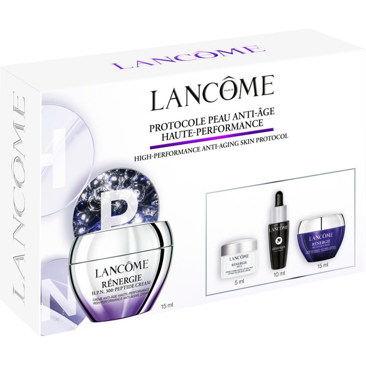 Lancôme Rénergie anti-age set 1 st antiaging kit i vit box med lila burkar och svart serumflaska för lyxig hudvård.