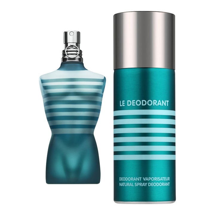 Jean Paul Gaultier Le Male duo gåvoset 225 ml med ikonisk blårandig torsoflaska och matchande deospray i metallburk