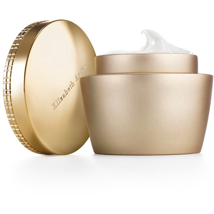 Elizabeth Arden återfuktande nattkräm i elegant guldglänsande burk med vit krämig textur och matchande guldlock.