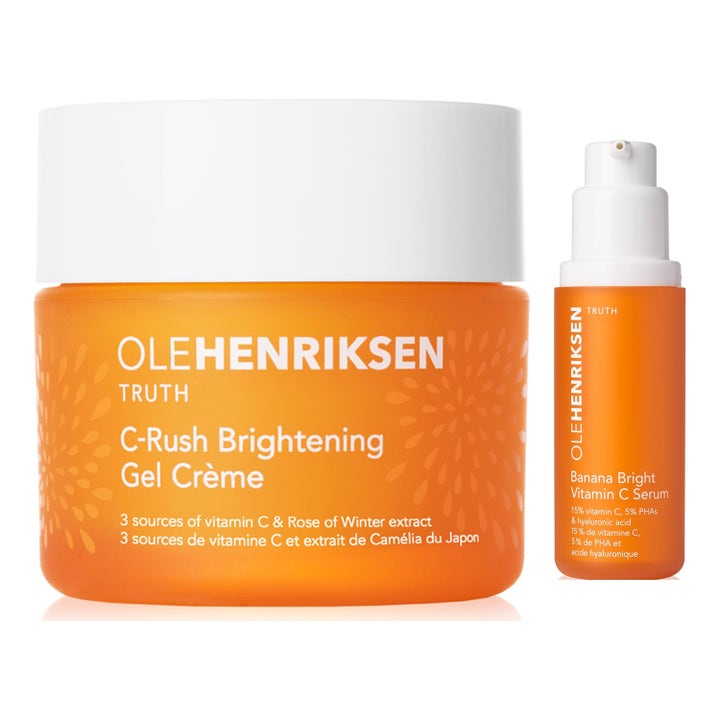 Ole Henriksen Banana Bright Vitamin C Serum och C-Rush Gel-Crème lystergivande c-serum och kräm i orange pumpflaska och burk.