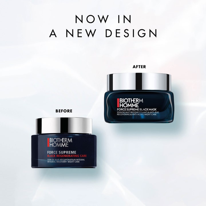 Biotherm Homme Force Supreme Black Mask 50 ml anti-aging återhämtning i mörkblå glasburk med ny och gammal design.