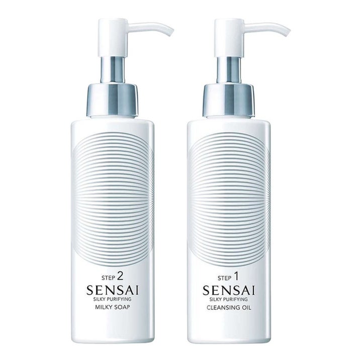 Sensai Silky Purifying djuprengörande rengöringsolja ansikte och tvål i vita pumpflaskor för dubbel rengöring