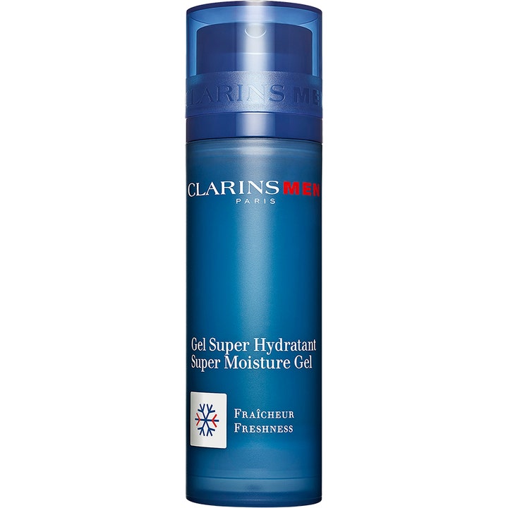 Clarins Men Super Moisture Gel 50ml återfuktande ansiktsgel daglig användning i en blå flaska med snöflingeikon.
