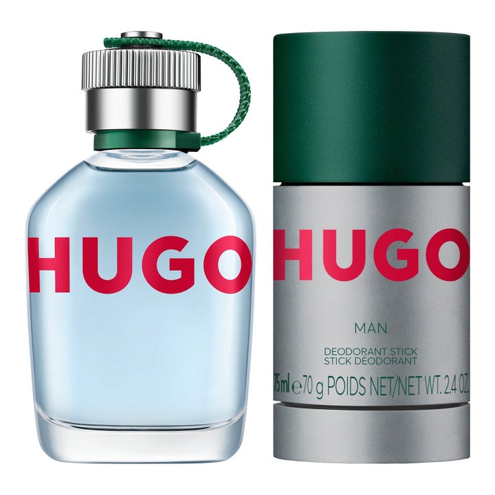 Hugo Boss Hugo Man Set 150 ml parfym herr set med ljusblå glasflaska och grå deostick med gröna lock