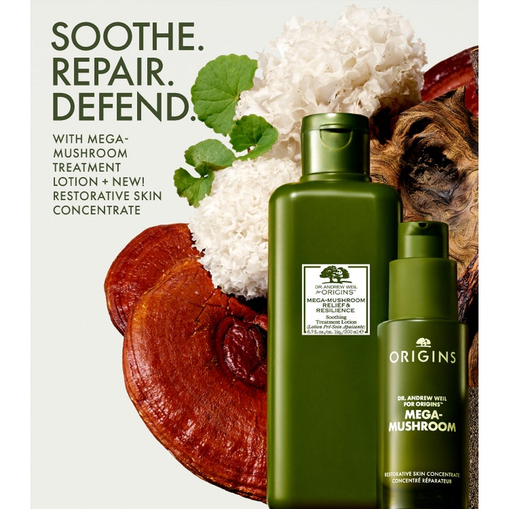 Origins Dr. Weil Mega-Mushroom Restorative Skin Concentrate 30 ml för hudreparation bredvid ingredienser.