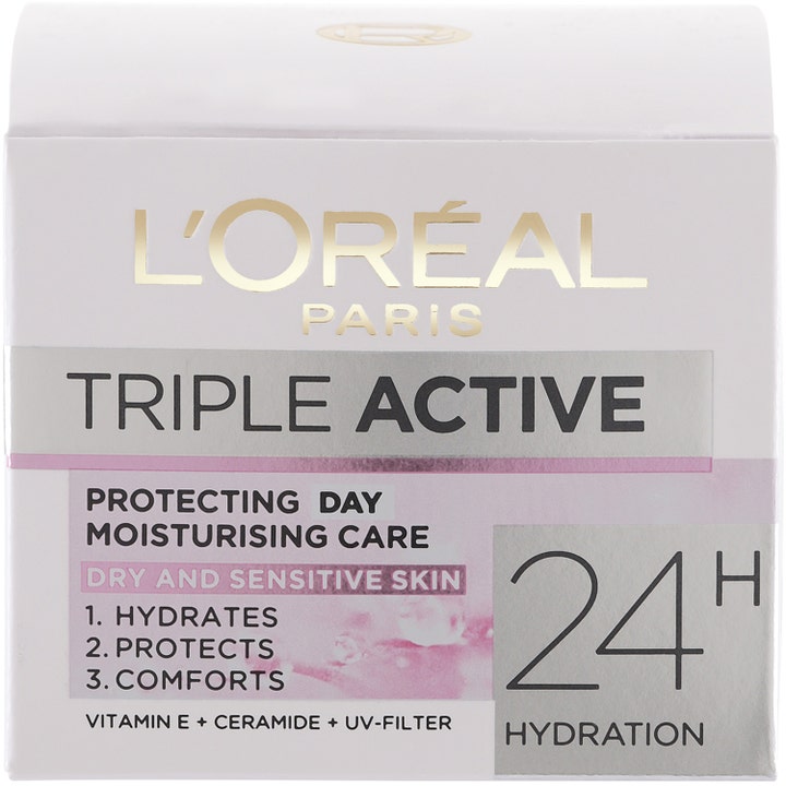 L'Oréal Paris Triple Active 24h återfuktande dagkräm för torr känslig hud i vit ytterförpackning med rosa detaljer.