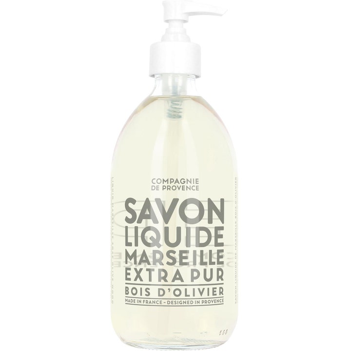 Compagnie de Provence Savon Liquide 500ml handtvål lyxig extra ren olivträ marseille tvål i klar glasflaska med vit pump.