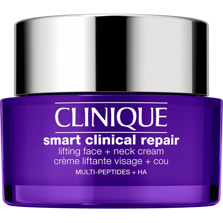 Clinique Smart Clinical Repair Lifting Face and Neck Cream ansikts och halskräm med peptider i lila glasburk med silverlock
