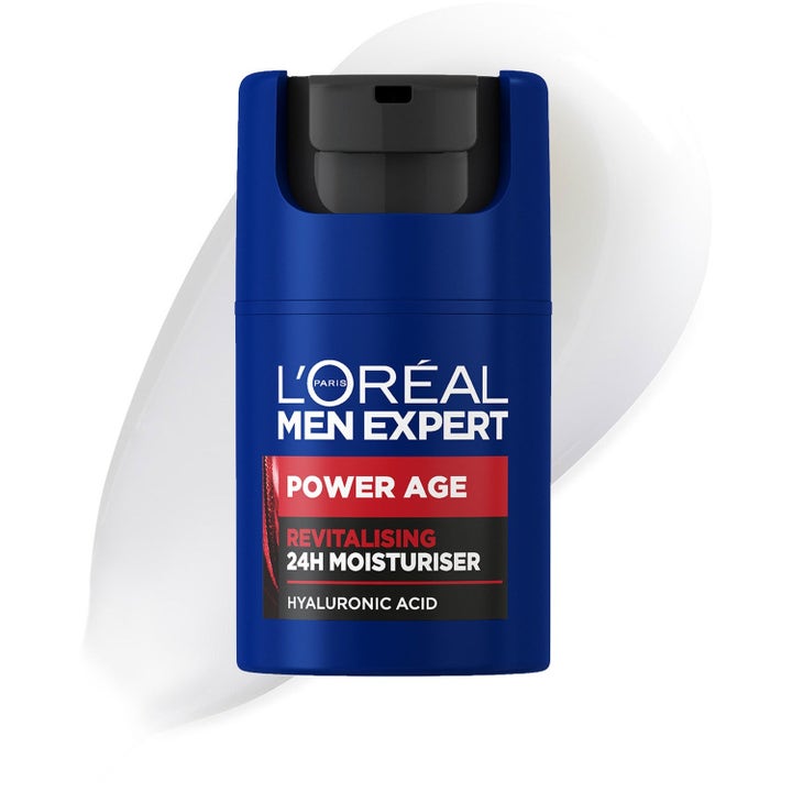 L'Oréal Paris Men Expert Power Age 65 ml återfuktande ansiktskräm med hyaluronsyra i blå pumpflaska och krämig textur