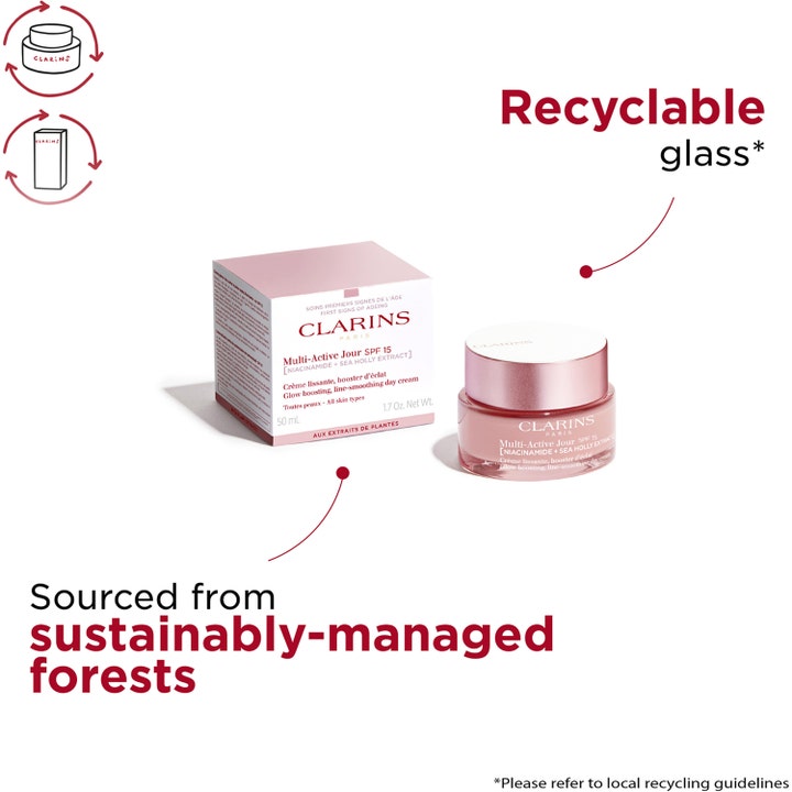 Clarins Multi-Active Jour 50 ml niacinamide ansiktskräm för lyster i rosa återvinningsbar glasburk och pappkartong