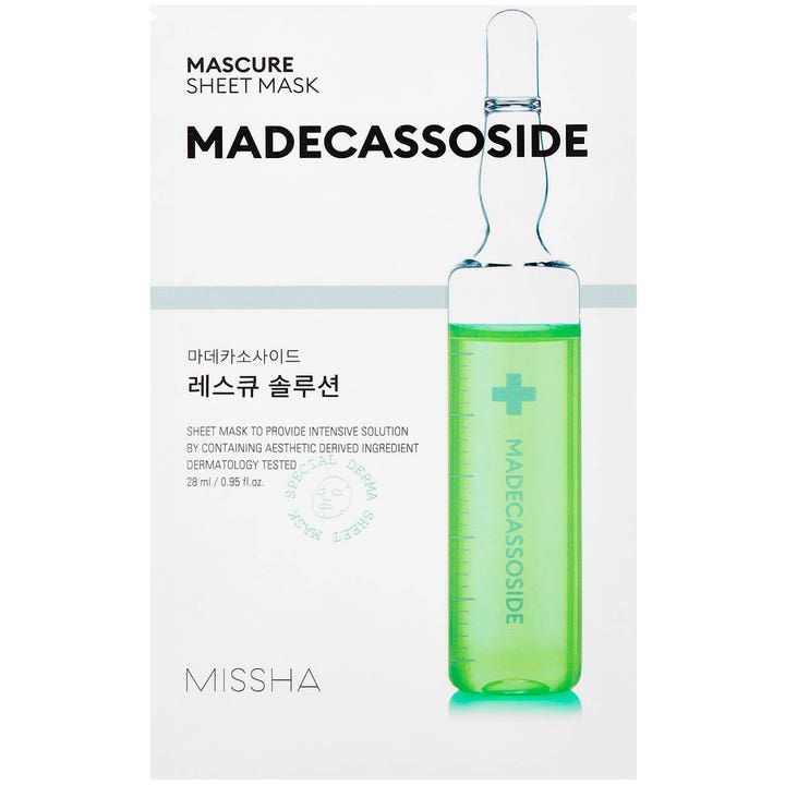 Missha Mascure Madecassoside Mask 28 ml ansiktsmask för rodnande hud i vit sachet med grön ampullgrafik.
