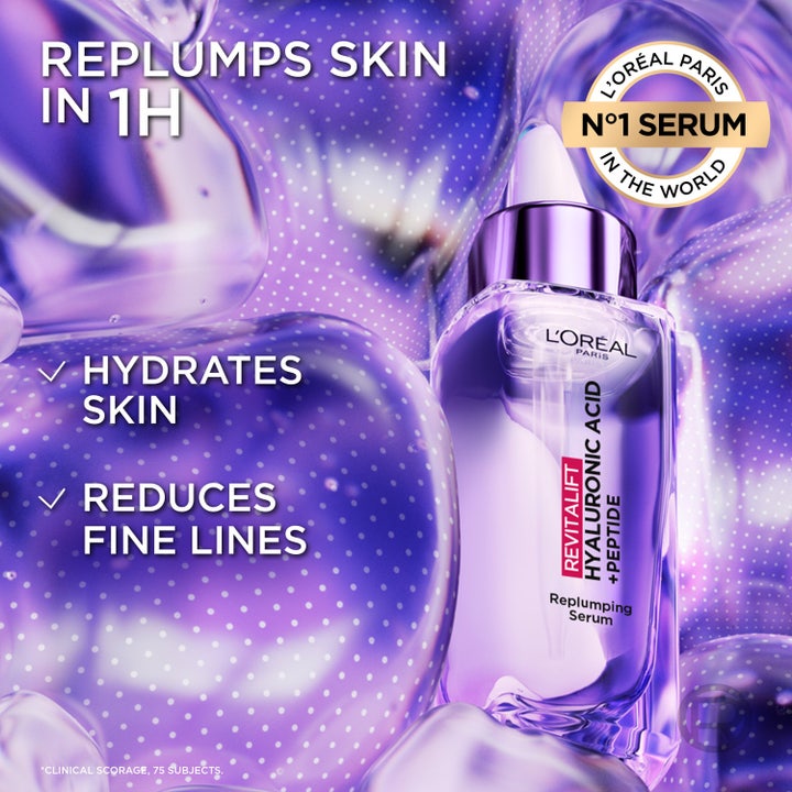 L'Oréal Paris Revitalift Filler 30 ml hyaluronsyraserum i lila flaska som ger fukt och fyller ut huden på en timme.