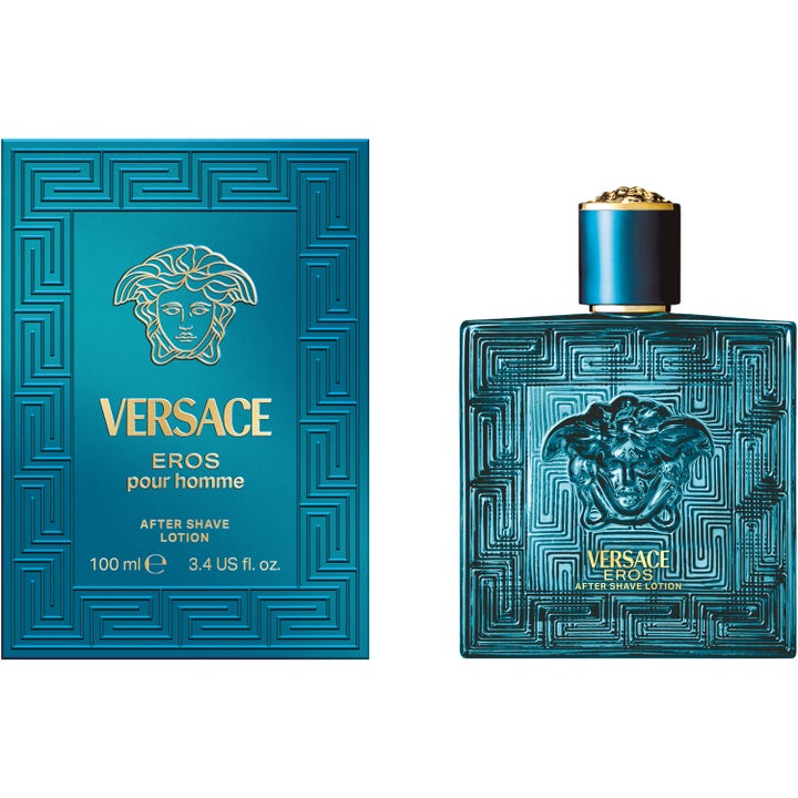 Versace Eros After Shave Lotion 100 ml lugnande aftershave i turkos glasflaska och ask med ikonisk guldlogotyp.