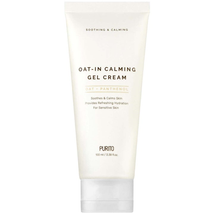 Purito Oat-in Calming Gel Cream 100 ml är en havre lugnande ansiktskräm som ger fukt i en vit minimalistisk plasttub