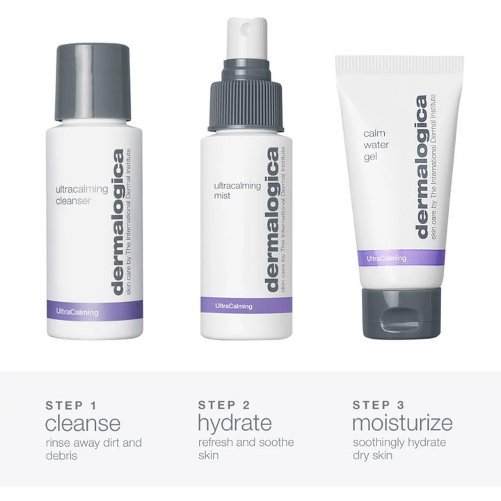 Dermalogica Sensitive Skin Rescue Kit lugnande hudvårdskit med rengöring mist och ansiktsgel i vita förpackningar
