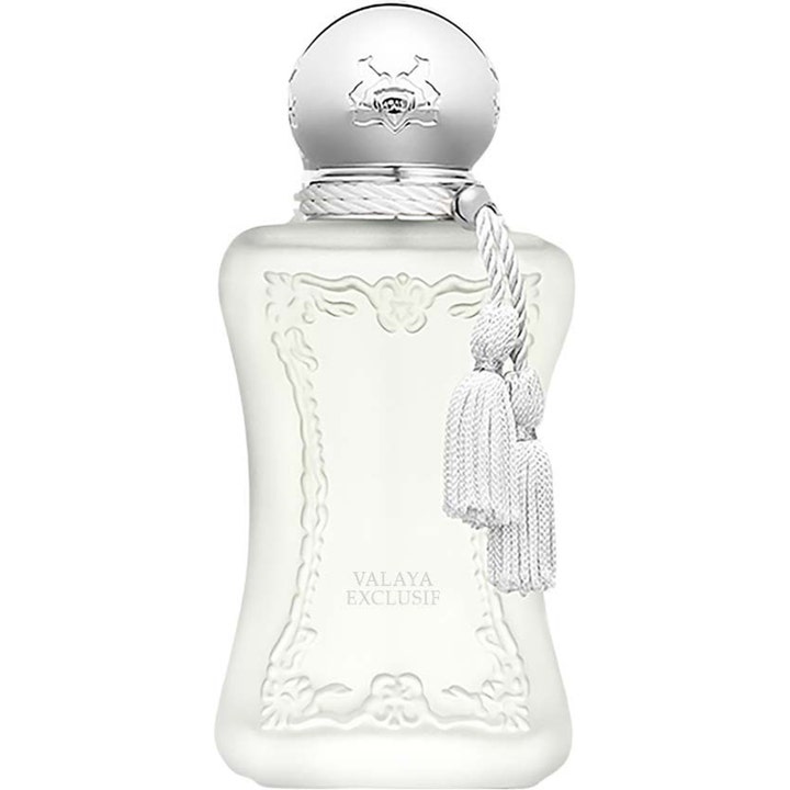 Parfums de Marly Valaya Exclusif 30 ml eau de parfum i en vit frostad glasflaska med silverlock och vita tofsar