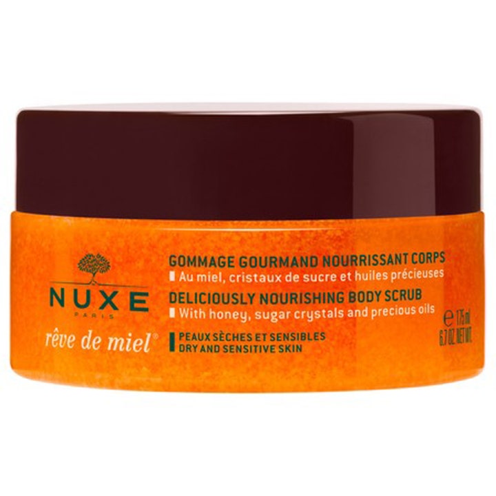 Nuxe Rêve de Miel 175 ml exfolierande kroppsskrubb känslig hud ger näring med honung hudvård i orange burk med brunt lock
