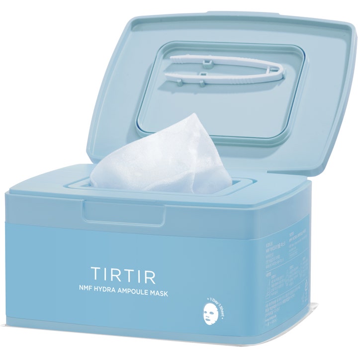 TIRTIR NMF Hydra Ampoule Mask 30 st återfuktande ansiktsmasker i ljusblå plastbox med pincett och vit arkmask.