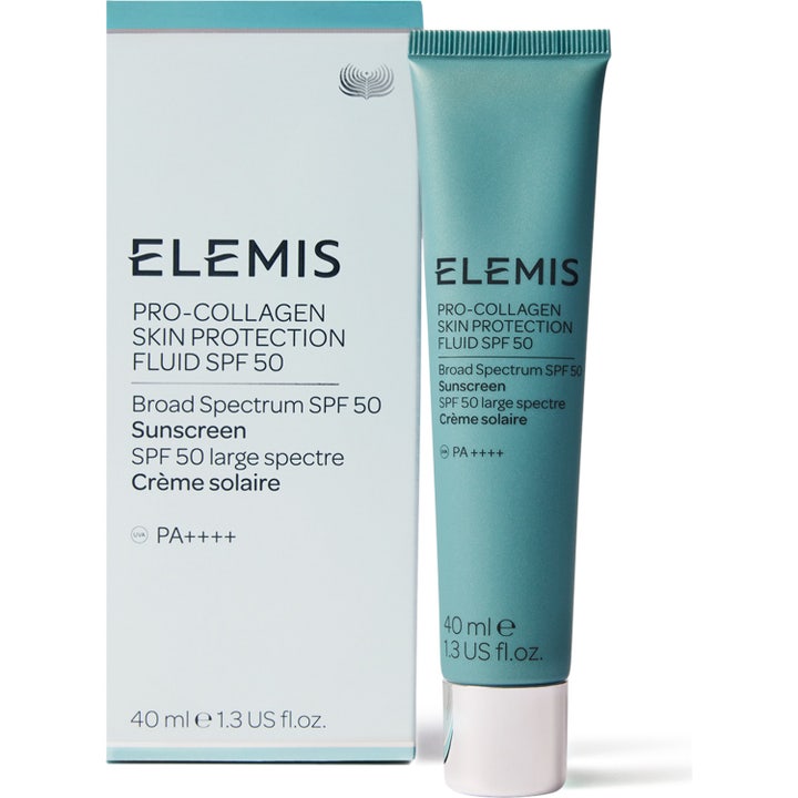Elemis Pro-Collagen Skin Protection Fluid 40 ml solskydd ansikte spf 50 anti-aging i turkos tub och vit ask.