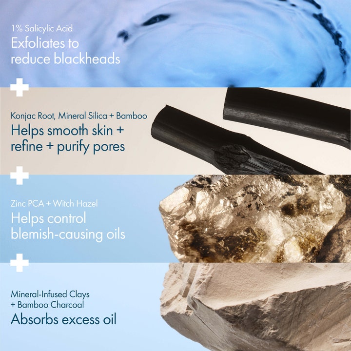 Origins Clear Improvement 75 ml 2-i-1 ansiktsmask och skrubb med salicylsyra pormaskar och bambukol i en infografik.