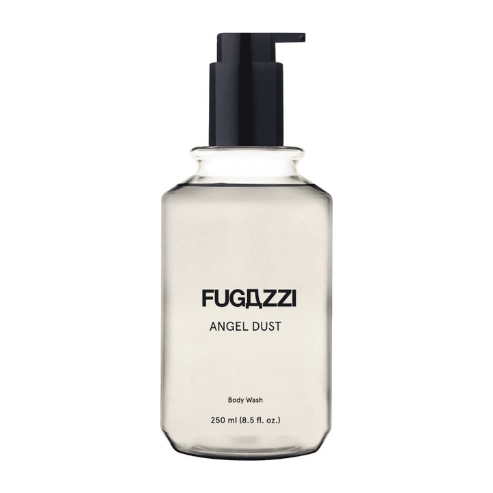 Fugazzi Angel Dust 250 ml rengörande duschgel i en genomskinlig flaska med svart pumpmunstycke.
