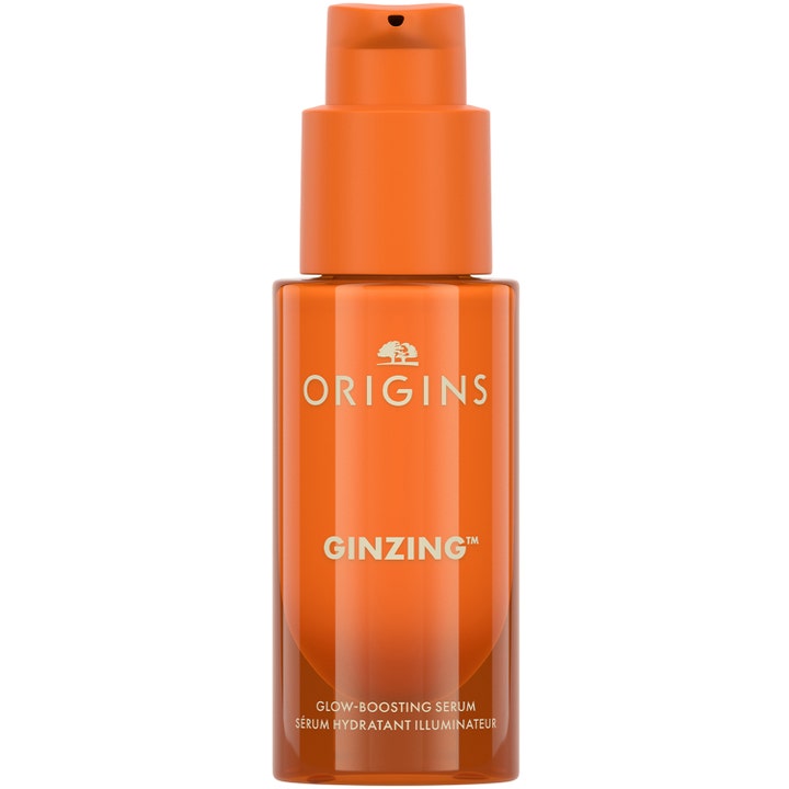 Origins GinZing Glow-Boosting Serum 30 ml ger lyster i en orange genomskinlig pumpflaska.
