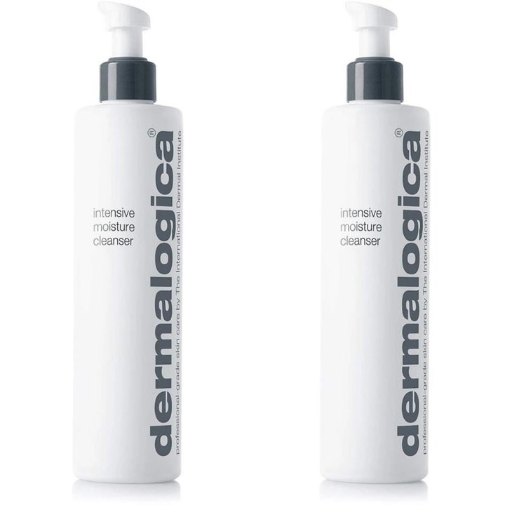 Dermalogica Intensive Moisture Cleanser återfuktande ansiktsrengöring i två vita flaskor med pump.