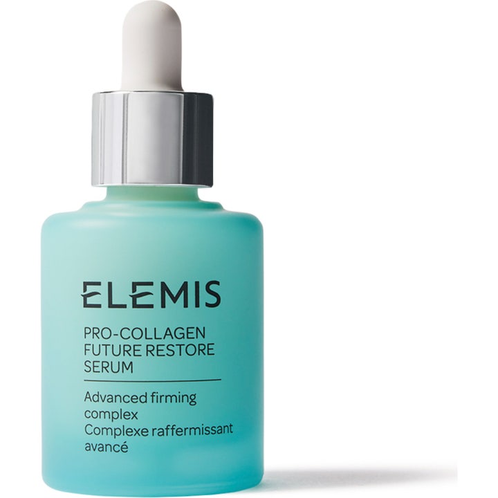 Elemis Pro Collagen Future Restore Serum 30 ml uppstramande ansiktsserum i ljusblå frostad glasflaska med silverpipett