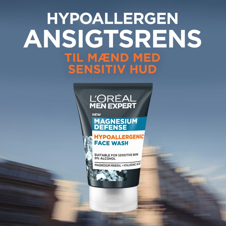 L'Oréal Paris Men Expert Magnesium Defence 100 ml alkoholfri ansiktsrengöring för män känslig hud i grå plasttub.