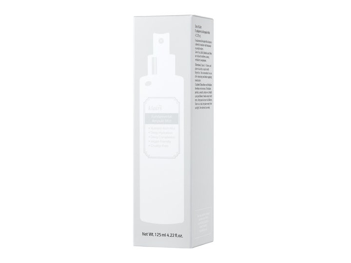 Klairs Fundamental Ampoule Mist 125 ml återfuktande ansiktsspray för torr hud i vit stilren ytterförpackning.