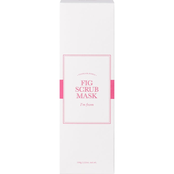 I'm from Fig Scrub Mask 100 g exfolierande ansiktsmask i vit ytterkartong med rosa text och ram.