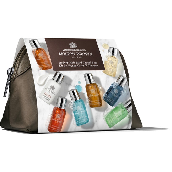 Molton Brown Mens Mini Stowaway 240 ml gåvoset herr i en brun necessär med åtta färgglada miniflaskor för resan.