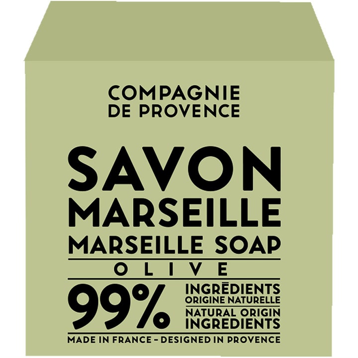Compagnie de Provence Marseille Soap Olive ekologisk olivtvål i olivgrön pappersförpackning med stilren svart text