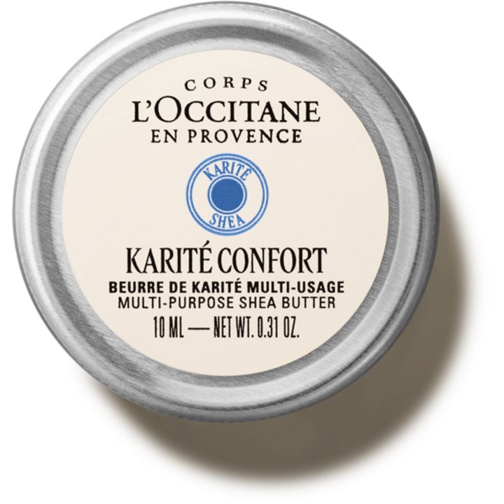 L'Occitane Shea Butter 10 ml återfuktande balm med 100% naturlig sheasmör i en liten rund silverfärgad metallburk