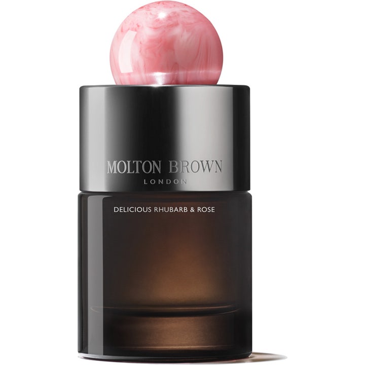 Molton Brown Delicious Rhubarb & Rose 100 ml blommig parfym med rabarber i mörk glasflaska med rosa marmorerad kula