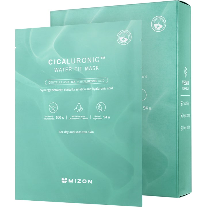 Mizon Cicaluronic Water Fit Mask 24 g återfuktande ansiktsmask cellulosa med centella 94% naturliga ingredienser i grön box