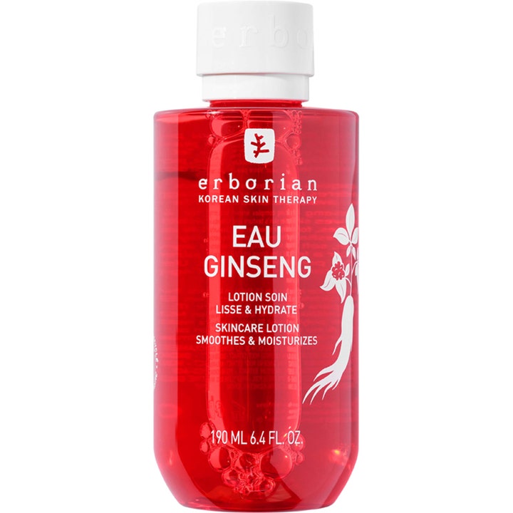 Erborian Eau Ginseng 190 ml ansiktslotion för slät hud i röd genomskinlig flaska med vitt lock och ginseng hudvård